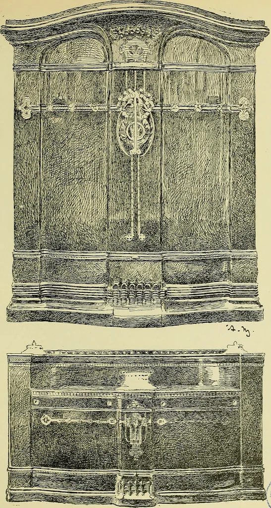 An illustration from L'arte nell'industria : lavori di legno e pastiglia, lavori di metallo, lavori di pietra, marmo, alabastro, ceramica, musaico, vetro, lavori di osso e avorio, lavori tessili, carte da parati e cuoi decorati, ricami, pizzi, cartelloni, stampe, ecc., 1907, leaf 384