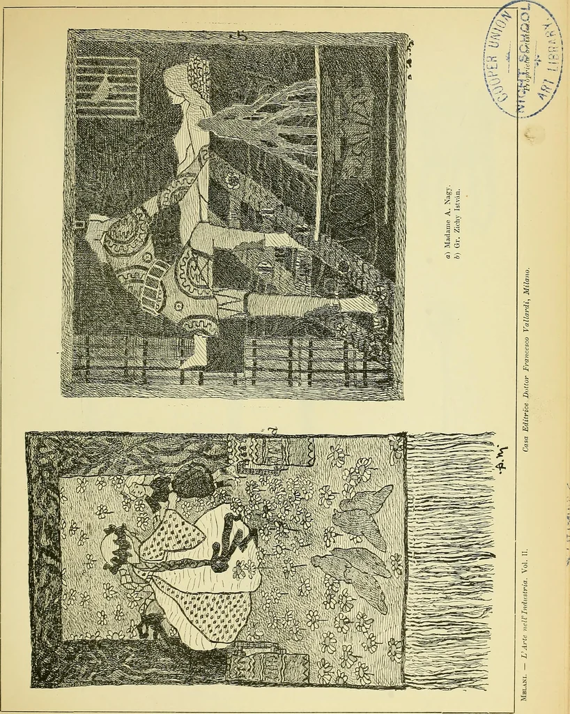 An illustration from L'arte nell'industria : lavori di legno e pastiglia, lavori di metallo, lavori di pietra, marmo, alabastro, ceramica, musaico, vetro, lavori di osso e avorio, lavori tessili, carte da parati e cuoi decorati, ricami, pizzi, cartelloni, stampe, ecc., 1907, leaf 386