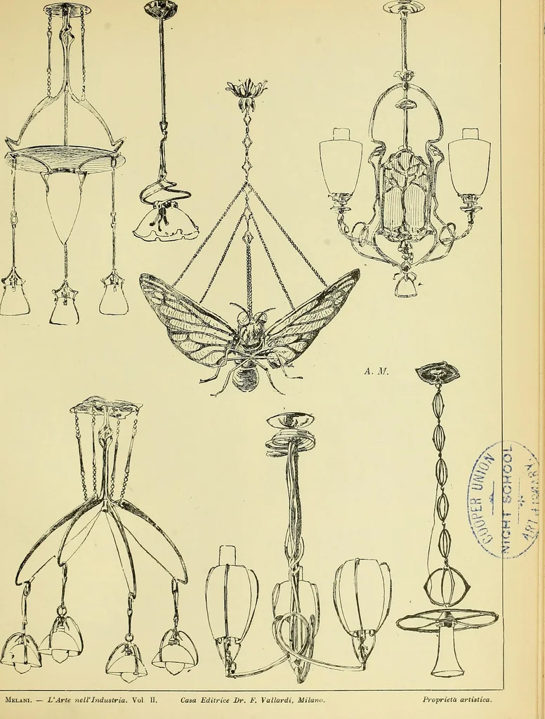 An illustration from L'arte nell'industria : lavori di legno e pastiglia, lavori di metallo, lavori di pietra, marmo, alabastro, ceramica, musaico, vetro, lavori di osso e avorio, lavori tessili, carte da parati e cuoi decorati, ricami, pizzi, cartelloni, stampe, ecc., 1907, leaf 390