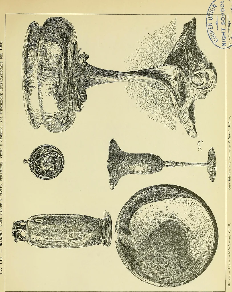 An illustration from L'arte nell'industria : lavori di legno e pastiglia, lavori di metallo, lavori di pietra, marmo, alabastro, ceramica, musaico, vetro, lavori di osso e avorio, lavori tessili, carte da parati e cuoi decorati, ricami, pizzi, cartelloni, stampe, ecc., 1907, leaf 394