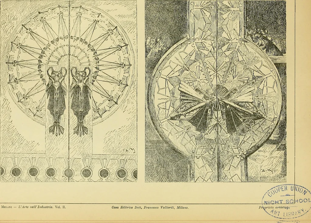 An illustration from L'arte nell'industria : lavori di legno e pastiglia, lavori di metallo, lavori di pietra, marmo, alabastro, ceramica, musaico, vetro, lavori di osso e avorio, lavori tessili, carte da parati e cuoi decorati, ricami, pizzi, cartelloni, stampe, ecc., 1907, leaf 398