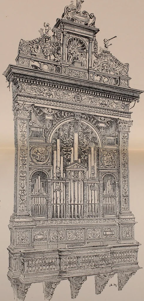 An illustration from L'arte nell'industria : lavori di legno e pastiglia, lavori di metallo, lavori di pietra, marmo, alabastro, ceramica, musaico, vetro, lavori di osso e avorio, lavori tessili, carte da parati e cuoi decorati, ricami, pizzi, cartelloni, stampe, ecc., 1907, leaf 40