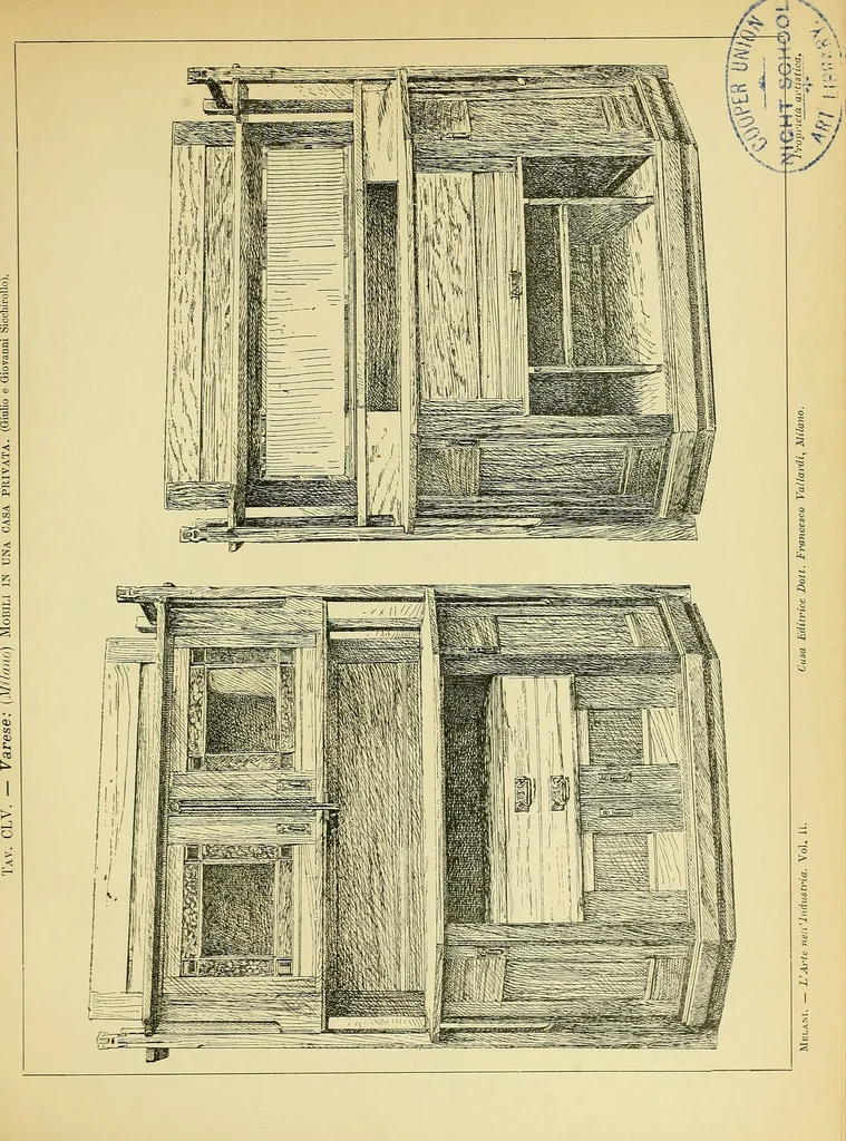 An illustration from L'arte nell'industria : lavori di legno e pastiglia, lavori di metallo, lavori di pietra, marmo, alabastro, ceramica, musaico, vetro, lavori di osso e avorio, lavori tessili, carte da parati e cuoi decorati, ricami, pizzi, cartelloni, stampe, ecc., 1907, leaf 402