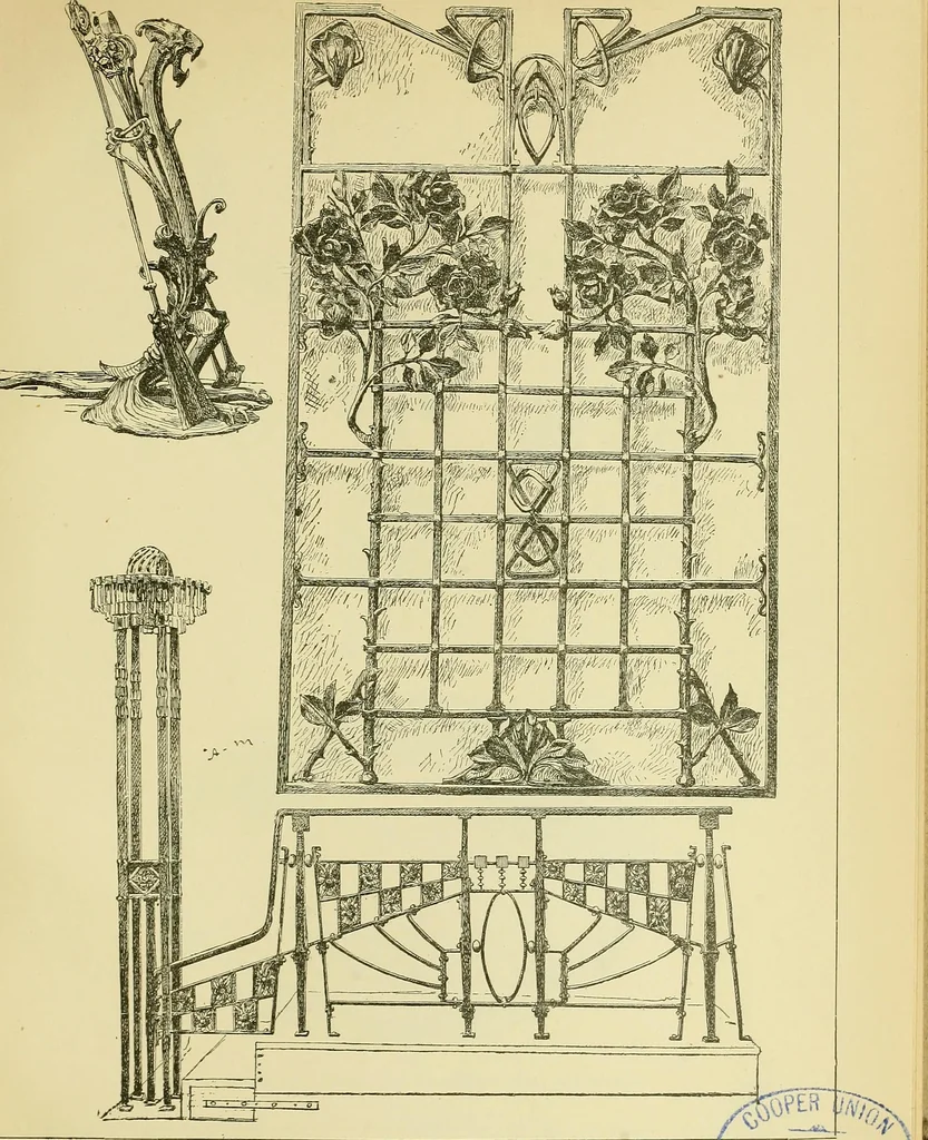 An illustration from L'arte nell'industria : lavori di legno e pastiglia, lavori di metallo, lavori di pietra, marmo, alabastro, ceramica, musaico, vetro, lavori di osso e avorio, lavori tessili, carte da parati e cuoi decorati, ricami, pizzi, cartelloni, stampe, ecc., 1907, leaf 410
