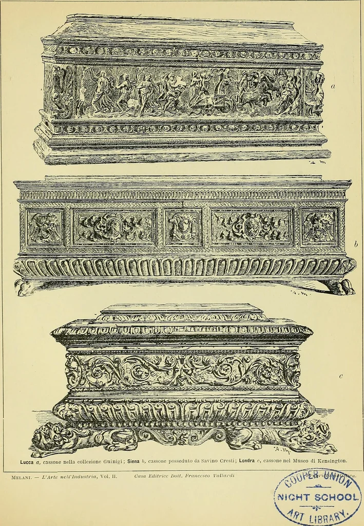 An illustration from L'arte nell'industria : lavori di legno e pastiglia, lavori di metallo, lavori di pietra, marmo, alabastro, ceramica, musaico, vetro, lavori di osso e avorio, lavori tessili, carte da parati e cuoi decorati, ricami, pizzi, cartelloni, stampe, ecc., 1907, leaf 44