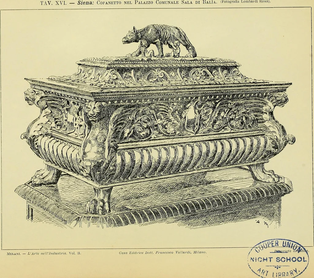 An illustration from L'arte nell'industria : lavori di legno e pastiglia, lavori di metallo, lavori di pietra, marmo, alabastro, ceramica, musaico, vetro, lavori di osso e avorio, lavori tessili, carte da parati e cuoi decorati, ricami, pizzi, cartelloni, stampe, ecc., 1907, leaf 46