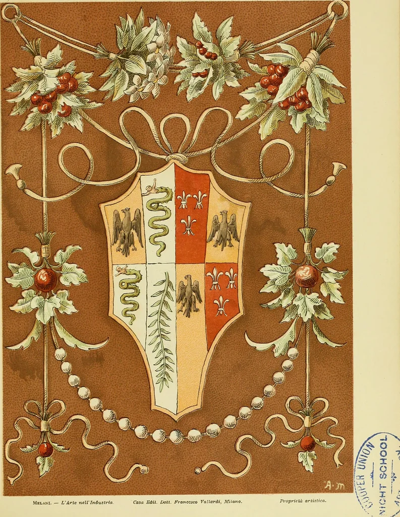 An illustration from L'arte nell'industria : lavori di legno e pastiglia, lavori di metallo, lavori di pietra, marmo, alabastro, ceramica, musaico, vetro, lavori di osso e avorio, lavori tessili, carte da parati e cuoi decorati, ricami, pizzi, cartelloni, stampe, ecc., 1907, leaf 48