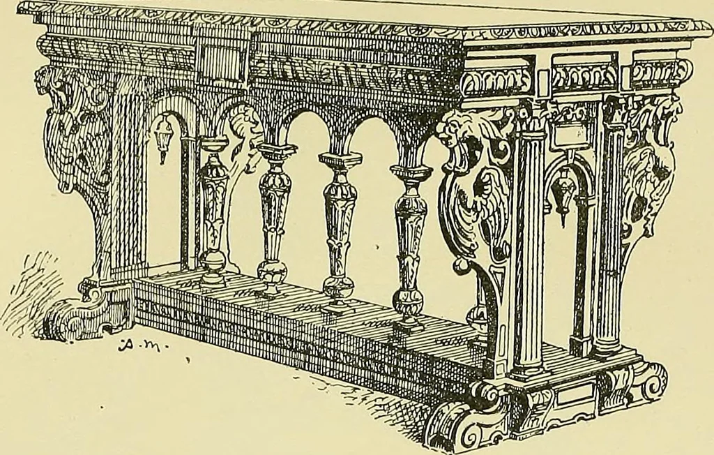 An illustration from L'arte nell'industria : lavori di legno e pastiglia, lavori di metallo, lavori di pietra, marmo, alabastro, ceramica, musaico, vetro, lavori di osso e avorio, lavori tessili, carte da parati e cuoi decorati, ricami, pizzi, cartelloni, stampe, ecc., 1907, leaf 58
