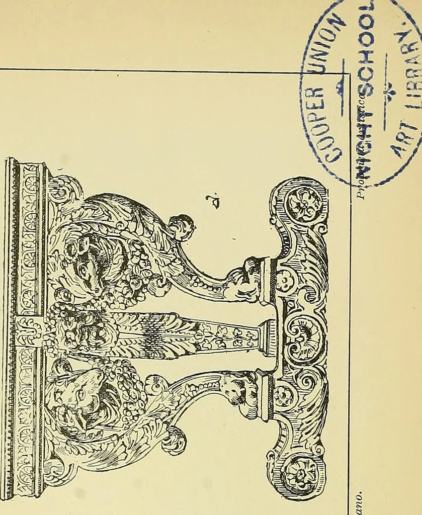 An illustration from L'arte nell'industria : lavori di legno e pastiglia, lavori di metallo, lavori di pietra, marmo, alabastro, ceramica, musaico, vetro, lavori di osso e avorio, lavori tessili, carte da parati e cuoi decorati, ricami, pizzi, cartelloni, stampe, ecc., 1907, leaf 58