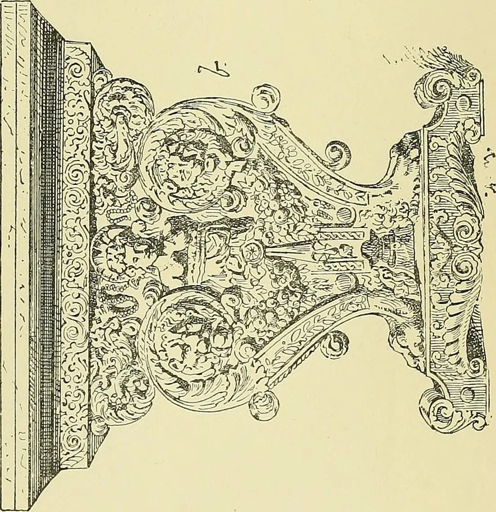 An illustration from L'arte nell'industria : lavori di legno e pastiglia, lavori di metallo, lavori di pietra, marmo, alabastro, ceramica, musaico, vetro, lavori di osso e avorio, lavori tessili, carte da parati e cuoi decorati, ricami, pizzi, cartelloni, stampe, ecc., 1907, leaf 58