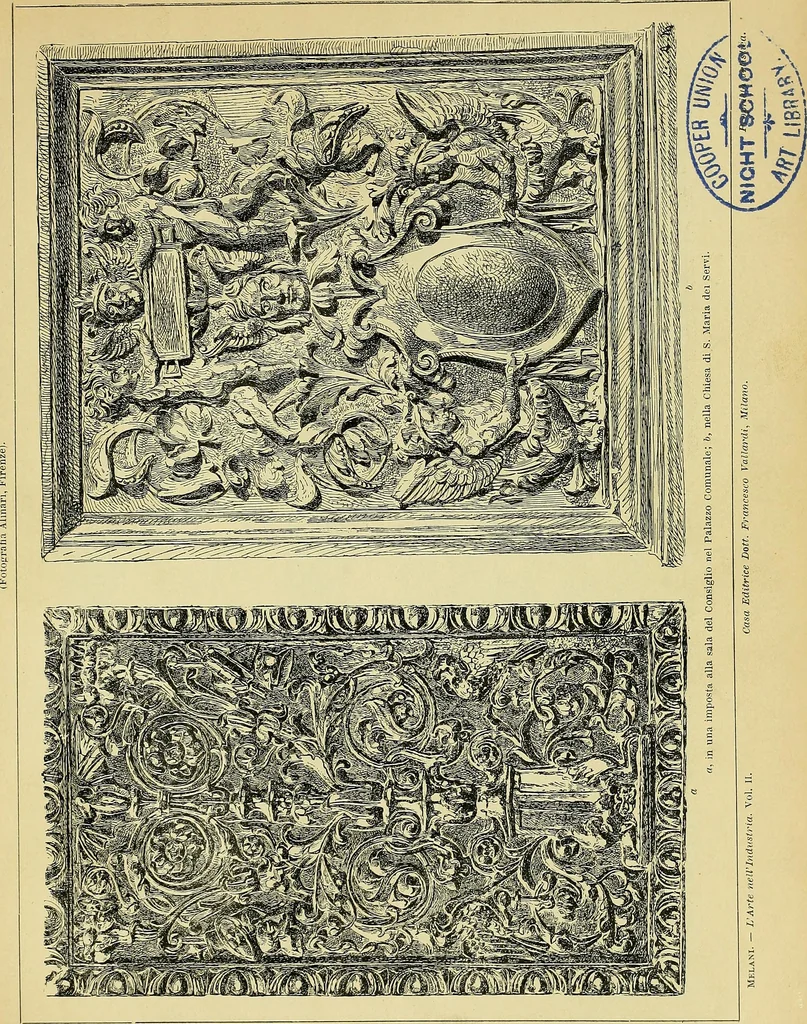 An illustration from L'arte nell'industria : lavori di legno e pastiglia, lavori di metallo, lavori di pietra, marmo, alabastro, ceramica, musaico, vetro, lavori di osso e avorio, lavori tessili, carte da parati e cuoi decorati, ricami, pizzi, cartelloni, stampe, ecc., 1907, leaf 6