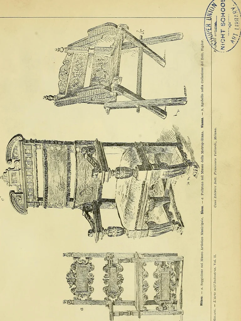 An illustration from L'arte nell'industria : lavori di legno e pastiglia, lavori di metallo, lavori di pietra, marmo, alabastro, ceramica, musaico, vetro, lavori di osso e avorio, lavori tessili, carte da parati e cuoi decorati, ricami, pizzi, cartelloni, stampe, ecc., 1907, leaf 60