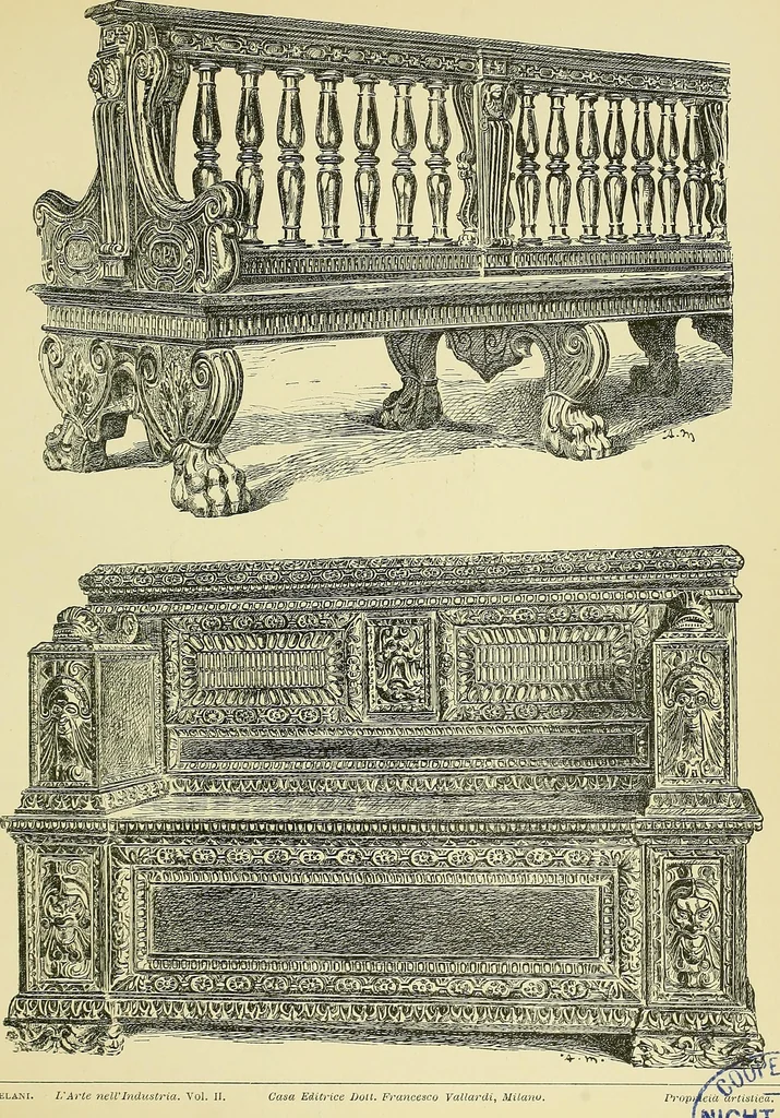 An illustration from L'arte nell'industria : lavori di legno e pastiglia, lavori di metallo, lavori di pietra, marmo, alabastro, ceramica, musaico, vetro, lavori di osso e avorio, lavori tessili, carte da parati e cuoi decorati, ricami, pizzi, cartelloni, stampe, ecc., 1907, leaf 62