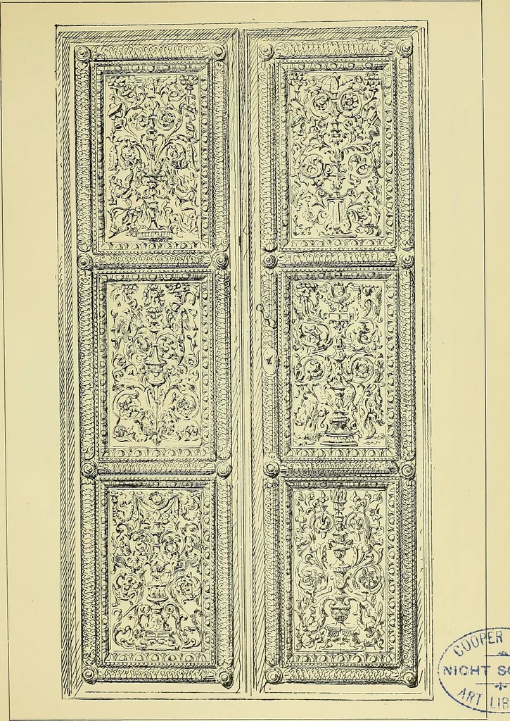 An illustration from L'arte nell'industria : lavori di legno e pastiglia, lavori di metallo, lavori di pietra, marmo, alabastro, ceramica, musaico, vetro, lavori di osso e avorio, lavori tessili, carte da parati e cuoi decorati, ricami, pizzi, cartelloni, stampe, ecc., 1907, leaf 74