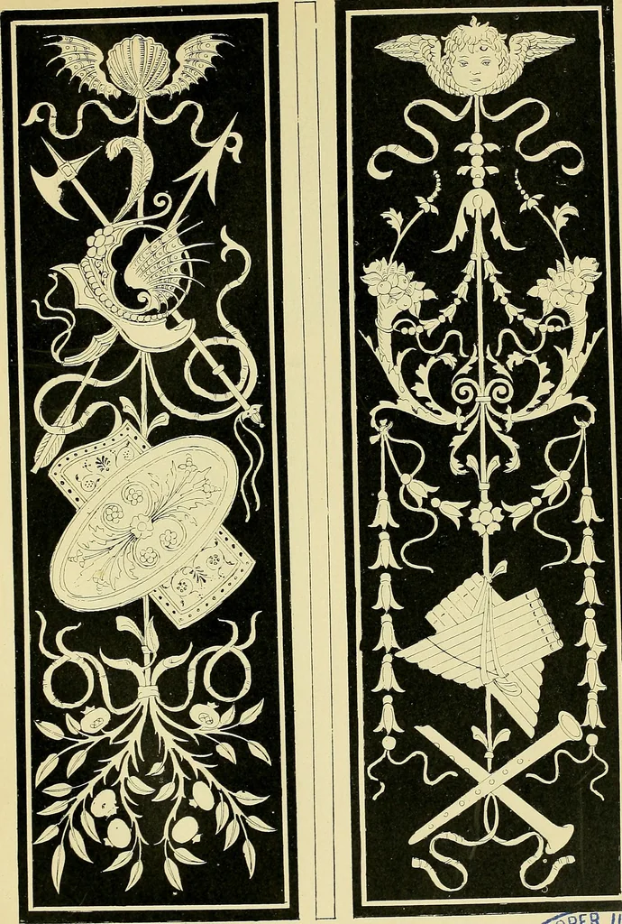 An illustration from L'arte nell'industria : lavori di legno e pastiglia, lavori di metallo, lavori di pietra, marmo, alabastro, ceramica, musaico, vetro, lavori di osso e avorio, lavori tessili, carte da parati e cuoi decorati, ricami, pizzi, cartelloni, stampe, ecc., 1907, leaf 8