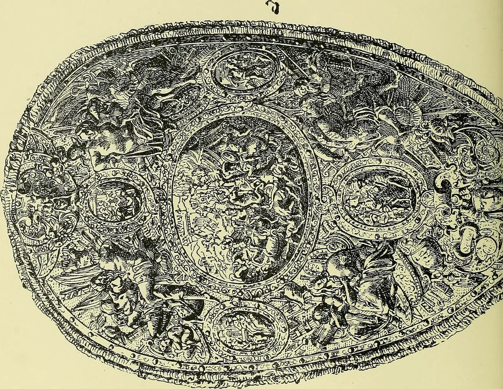 An illustration from L'arte nell'industria : lavori di legno e pastiglia, lavori di metallo, lavori di pietra, marmo, alabastro, ceramica, musaico, vetro, lavori di osso e avorio, lavori tessili, carte da parati e cuoi decorati, ricami, pizzi, cartelloni, stampe, ecc., 1907, leaf 85