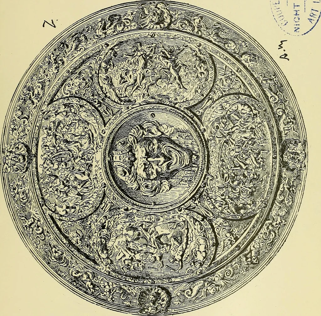 An illustration from L'arte nell'industria : lavori di legno e pastiglia, lavori di metallo, lavori di pietra, marmo, alabastro, ceramica, musaico, vetro, lavori di osso e avorio, lavori tessili, carte da parati e cuoi decorati, ricami, pizzi, cartelloni, stampe, ecc., 1907, leaf 86