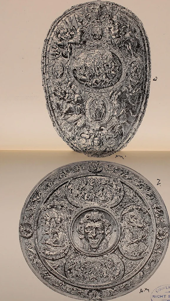 An illustration from L'arte nell'industria : lavori di legno e pastiglia, lavori di metallo, lavori di pietra, marmo, alabastro, ceramica, musaico, vetro, lavori di osso e avorio, lavori tessili, carte da parati e cuoi decorati, ricami, pizzi, cartelloni, stampe, ecc., 1907, leaf 88