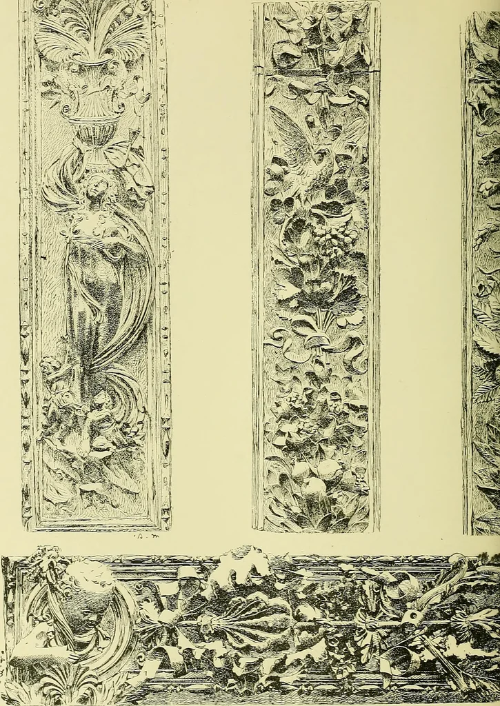 An illustration from L'arte nell'industria : lavori di legno e pastiglia, lavori di metallo, lavori di pietra, marmo, alabastro, ceramica, musaico, vetro, lavori di osso e avorio, lavori tessili, carte da parati e cuoi decorati, ricami, pizzi, cartelloni, stampe, ecc., 1907, leaf 91
