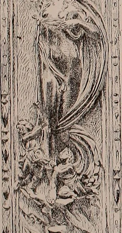 An illustration from L'arte nell'industria : lavori di legno e pastiglia, lavori di metallo, lavori di pietra, marmo, alabastro, ceramica, musaico, vetro, lavori di osso e avorio, lavori tessili, carte da parati e cuoi decorati, ricami, pizzi, cartelloni, stampe, ecc., 1907, leaf 94