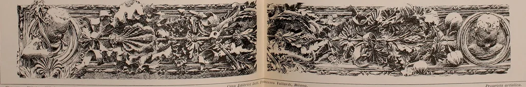An illustration from L'arte nell'industria : lavori di legno e pastiglia, lavori di metallo, lavori di pietra, marmo, alabastro, ceramica, musaico, vetro, lavori di osso e avorio, lavori tessili, carte da parati e cuoi decorati, ricami, pizzi, cartelloni, stampe, ecc., 1907, leaf 94