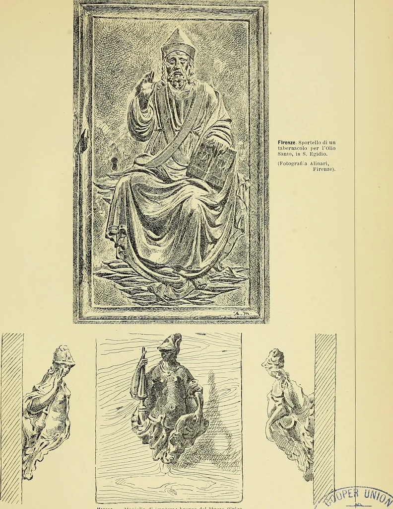 An illustration from L'arte nell'industria : lavori di legno e pastiglia, lavori di metallo, lavori di pietra, marmo, alabastro, ceramica, musaico, vetro, lavori di osso e avorio, lavori tessili, carte da parati e cuoi decorati, ricami, pizzi, cartelloni, stampe, ecc., 1907, leaf 96