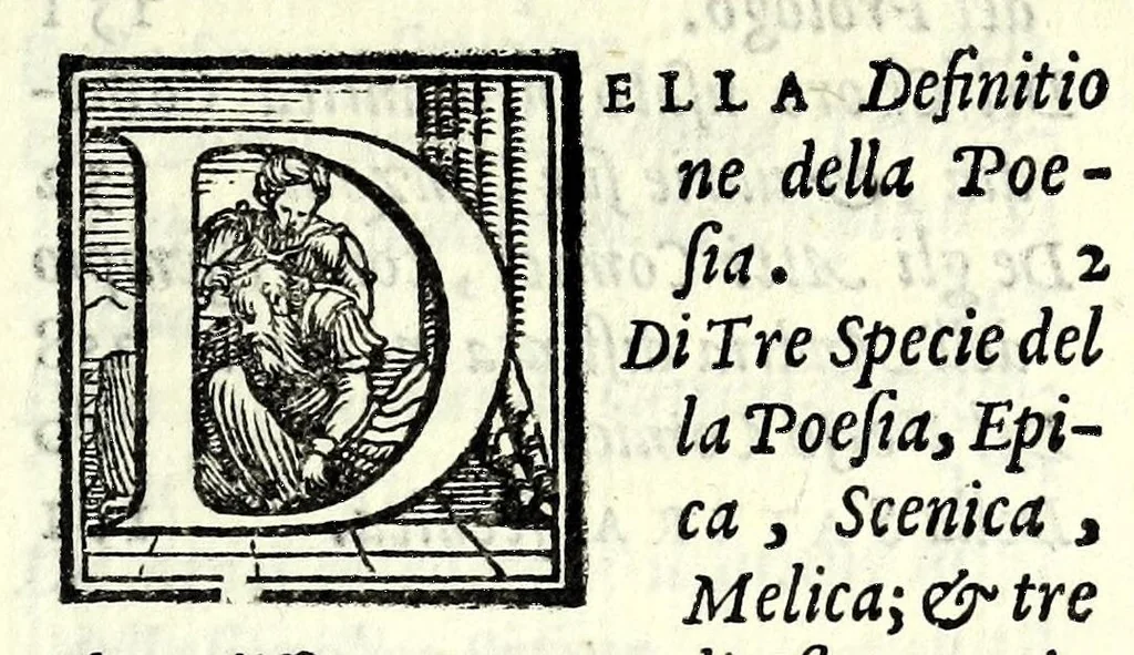 An illustration from L'arte poetica del sig. Antonio Mintvrno, nella qvale si contengono i precetti heroici, tragici, comici, satyrici, e d'ogni altra poesia : con la dottrina de' sonetti, canzoni, & ogni sorte di rime thoscane, doue s'insegna il modo, che tenne il Petrarca nelle sue opere : et si dichiara a' suoi luoghi tutto quel, che da Aristotele, Horatio, & altri auttori greci, e latini è stato scritto per amaestramento di poeti, 1563, leaf 17