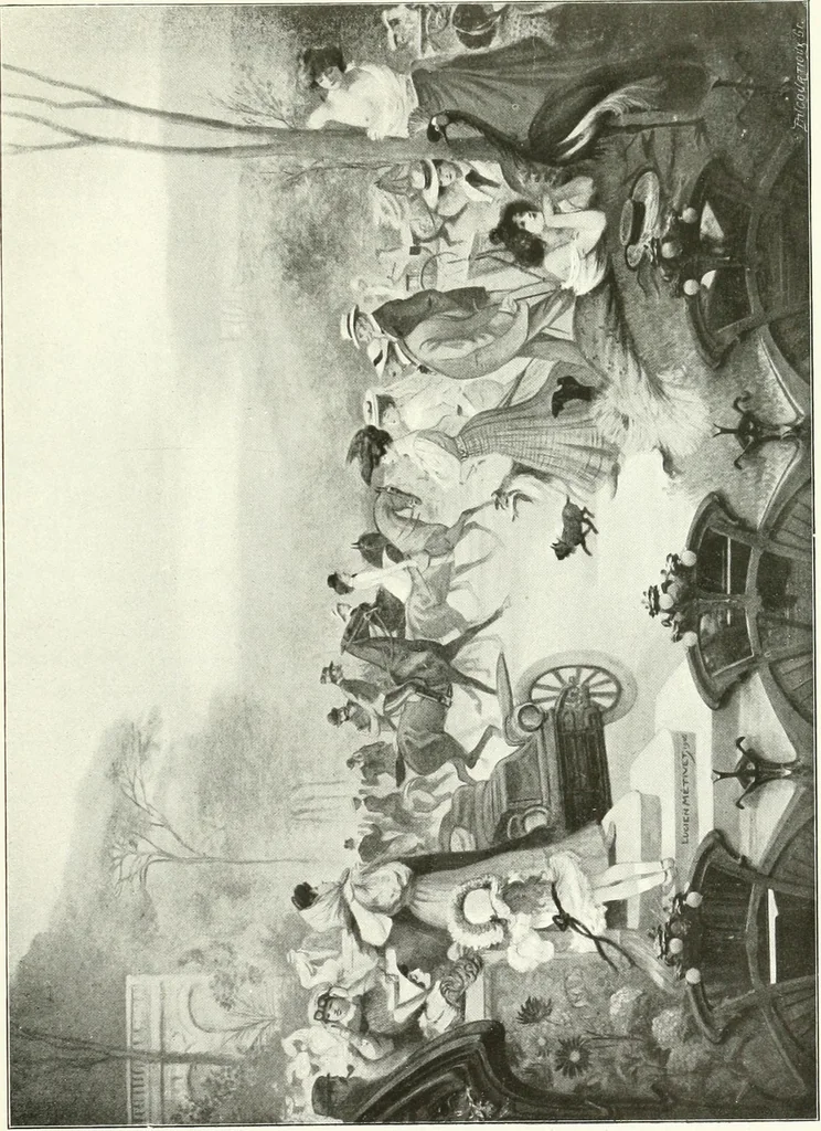 An illustration from L'art à la Taverne de Paris. Chéret, Abel Faivre, Grün, Léandre, Métivet, Steinlen, Willette, artistes peintres. Emile Robert, ferronnier d'art. Jacques Hermant, architecte. Photogravures de Ducourtioux et Huillard, d'après les clichés de Simonet, 1906, leaf 101
