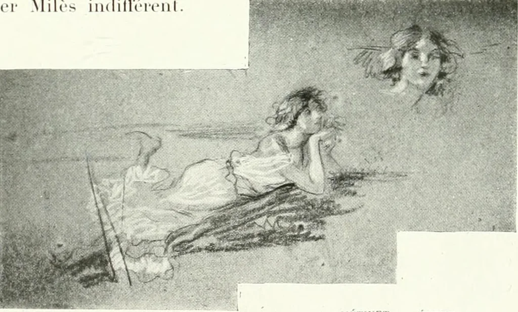 An illustration from L'art à la Taverne de Paris. Chéret, Abel Faivre, Grün, Léandre, Métivet, Steinlen, Willette, artistes peintres. Emile Robert, ferronnier d'art. Jacques Hermant, architecte. Photogravures de Ducourtioux et Huillard, d'après les clichés de Simonet, 1906, leaf 105