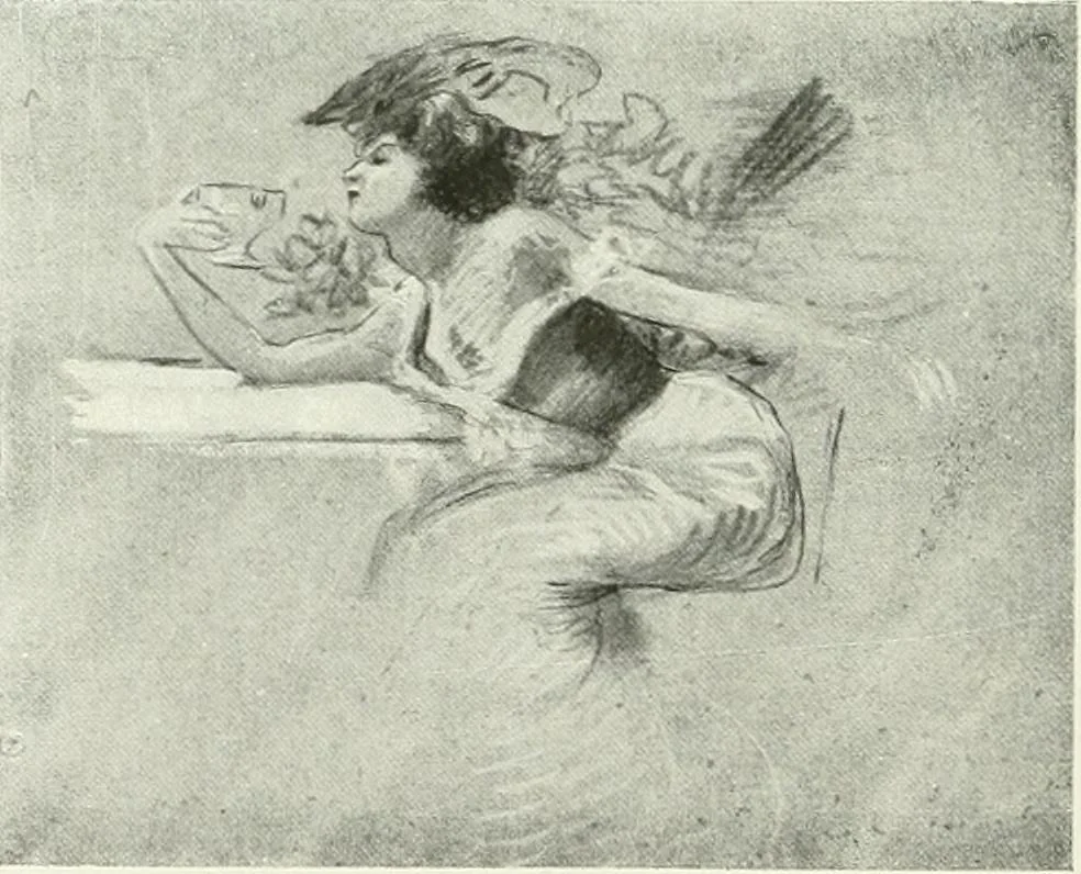 An illustration from L'art à la Taverne de Paris. Chéret, Abel Faivre, Grün, Léandre, Métivet, Steinlen, Willette, artistes peintres. Emile Robert, ferronnier d'art. Jacques Hermant, architecte. Photogravures de Ducourtioux et Huillard, d'après les clichés de Simonet, 1906, leaf 116