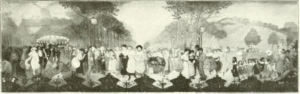 An illustration from L'art à la Taverne de Paris. Chéret, Abel Faivre, Grün, Léandre, Métivet, Steinlen, Willette, artistes peintres. Emile Robert, ferronnier d'art. Jacques Hermant, architecte. Photogravures de Ducourtioux et Huillard, d'après les clichés de Simonet, 1906, leaf 119