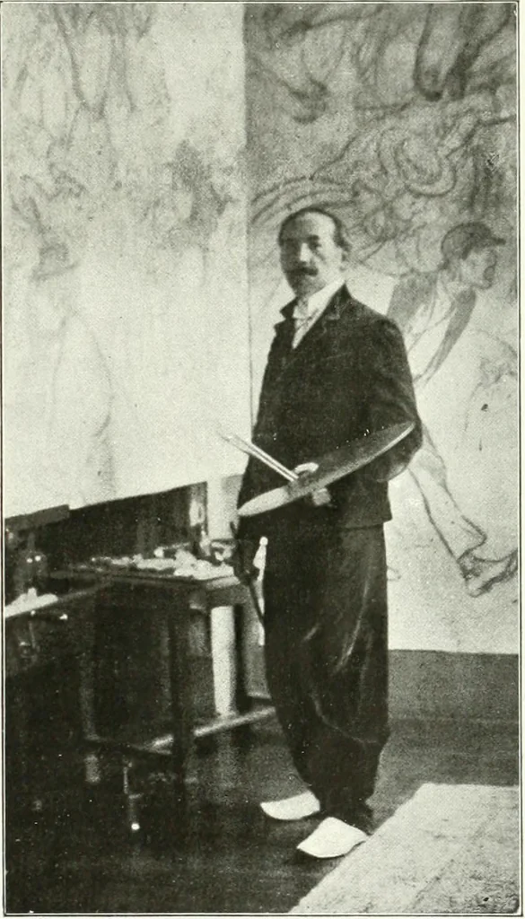 An illustration from L'art à la Taverne de Paris. Chéret, Abel Faivre, Grün, Léandre, Métivet, Steinlen, Willette, artistes peintres. Emile Robert, ferronnier d'art. Jacques Hermant, architecte. Photogravures de Ducourtioux et Huillard, d'après les clichés de Simonet, 1906, leaf 121