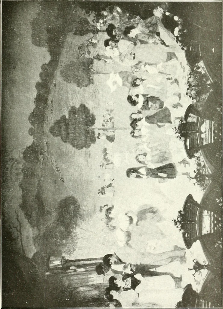 An illustration from L'art à la Taverne de Paris. Chéret, Abel Faivre, Grün, Léandre, Métivet, Steinlen, Willette, artistes peintres. Emile Robert, ferronnier d'art. Jacques Hermant, architecte. Photogravures de Ducourtioux et Huillard, d'après les clichés de Simonet, 1906, leaf 123