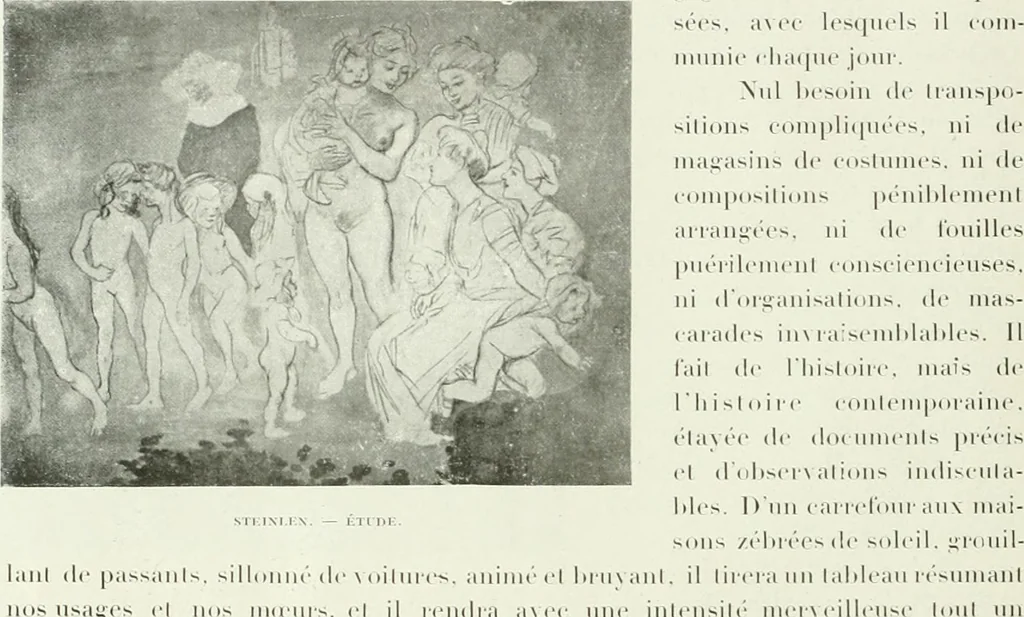 An illustration from L'art à la Taverne de Paris. Chéret, Abel Faivre, Grün, Léandre, Métivet, Steinlen, Willette, artistes peintres. Emile Robert, ferronnier d'art. Jacques Hermant, architecte. Photogravures de Ducourtioux et Huillard, d'après les clichés de Simonet, 1906, leaf 126