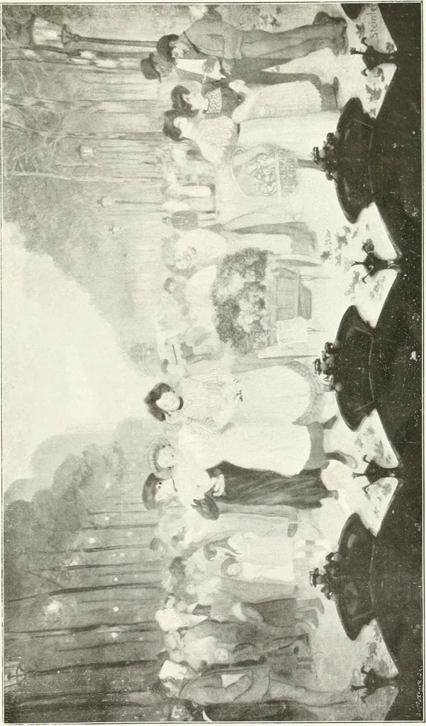 An illustration from L'art à la Taverne de Paris. Chéret, Abel Faivre, Grün, Léandre, Métivet, Steinlen, Willette, artistes peintres. Emile Robert, ferronnier d'art. Jacques Hermant, architecte. Photogravures de Ducourtioux et Huillard, d'après les clichés de Simonet, 1906, leaf 127