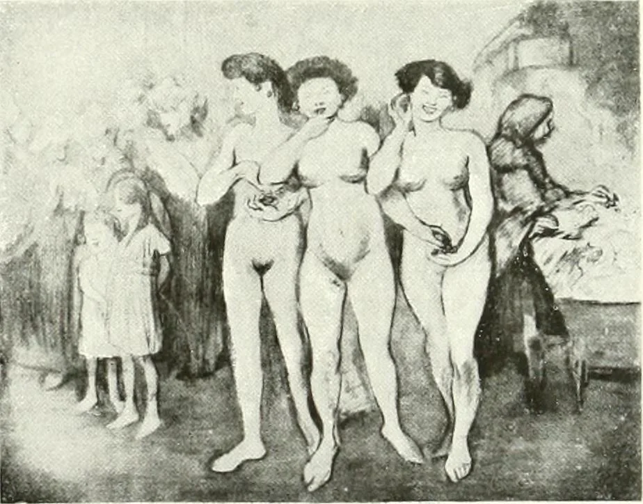 An illustration from L'art à la Taverne de Paris. Chéret, Abel Faivre, Grün, Léandre, Métivet, Steinlen, Willette, artistes peintres. Emile Robert, ferronnier d'art. Jacques Hermant, architecte. Photogravures de Ducourtioux et Huillard, d'après les clichés de Simonet, 1906, leaf 133