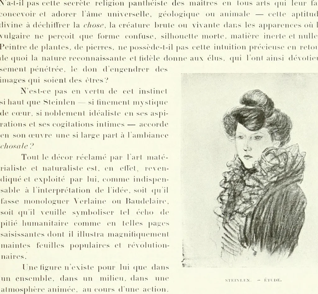 An illustration from L'art à la Taverne de Paris. Chéret, Abel Faivre, Grün, Léandre, Métivet, Steinlen, Willette, artistes peintres. Emile Robert, ferronnier d'art. Jacques Hermant, architecte. Photogravures de Ducourtioux et Huillard, d'après les clichés de Simonet, 1906, leaf 137