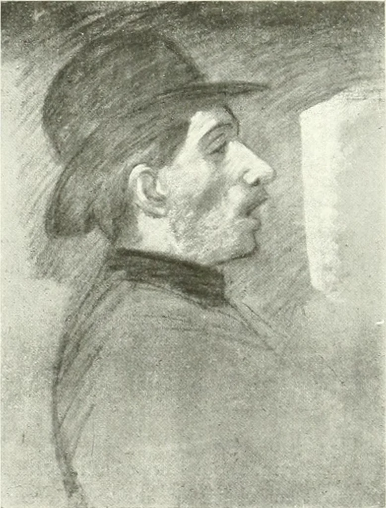 An illustration from L'art à la Taverne de Paris. Chéret, Abel Faivre, Grün, Léandre, Métivet, Steinlen, Willette, artistes peintres. Emile Robert, ferronnier d'art. Jacques Hermant, architecte. Photogravures de Ducourtioux et Huillard, d'après les clichés de Simonet, 1906, leaf 139