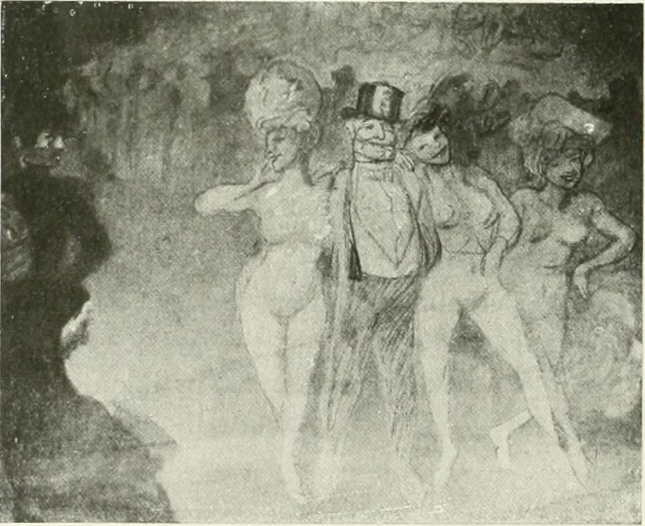 An illustration from L'art à la Taverne de Paris. Chéret, Abel Faivre, Grün, Léandre, Métivet, Steinlen, Willette, artistes peintres. Emile Robert, ferronnier d'art. Jacques Hermant, architecte. Photogravures de Ducourtioux et Huillard, d'après les clichés de Simonet, 1906, leaf 144