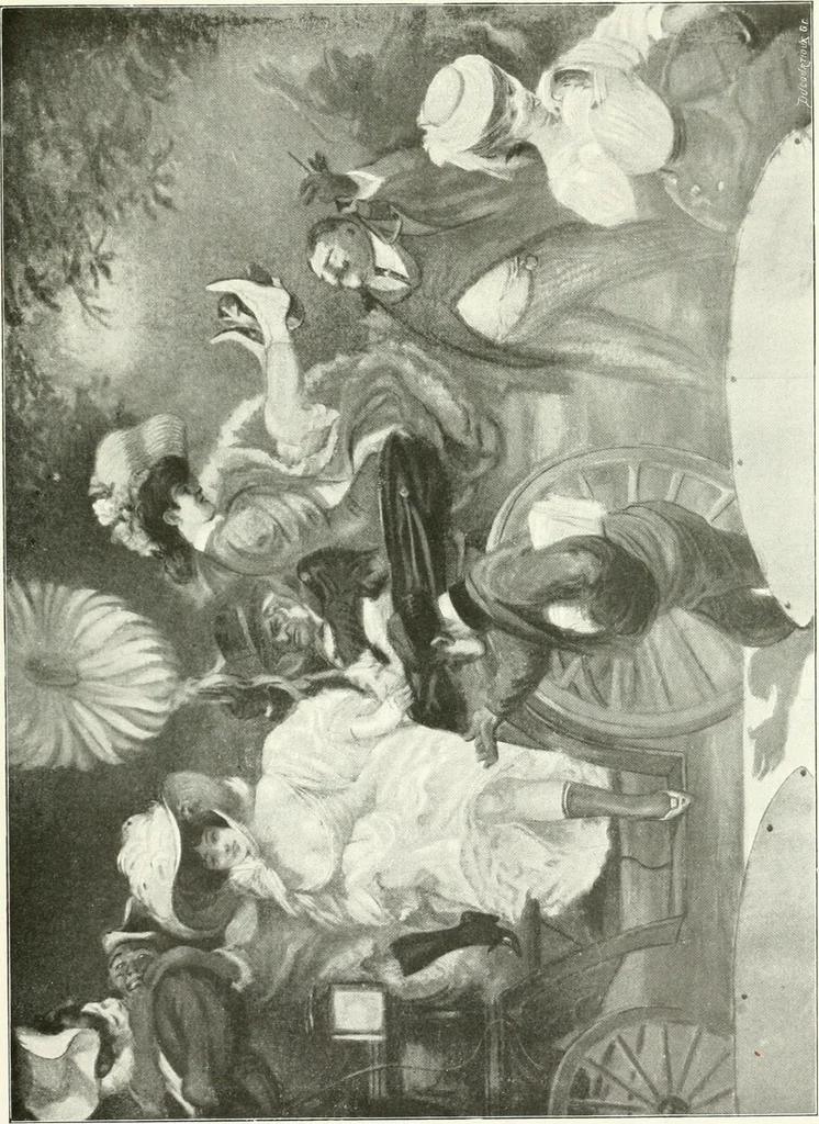 An illustration from L'art à la Taverne de Paris. Chéret, Abel Faivre, Grün, Léandre, Métivet, Steinlen, Willette, artistes peintres. Emile Robert, ferronnier d'art. Jacques Hermant, architecte. Photogravures de Ducourtioux et Huillard, d'après les clichés de Simonet, 1906, leaf 149