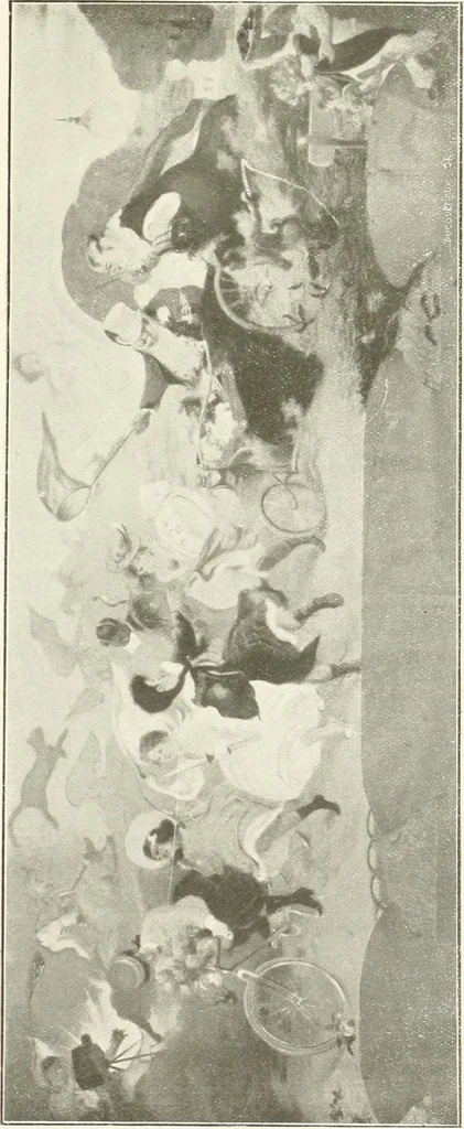 An illustration from L'art à la Taverne de Paris. Chéret, Abel Faivre, Grün, Léandre, Métivet, Steinlen, Willette, artistes peintres. Emile Robert, ferronnier d'art. Jacques Hermant, architecte. Photogravures de Ducourtioux et Huillard, d'après les clichés de Simonet, 1906, leaf 155