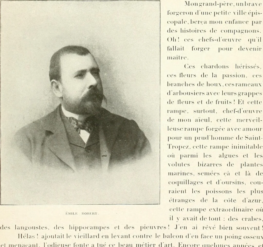 An illustration from L'art à la Taverne de Paris. Chéret, Abel Faivre, Grün, Léandre, Métivet, Steinlen, Willette, artistes peintres. Emile Robert, ferronnier d'art. Jacques Hermant, architecte. Photogravures de Ducourtioux et Huillard, d'après les clichés de Simonet, 1906, leaf 177