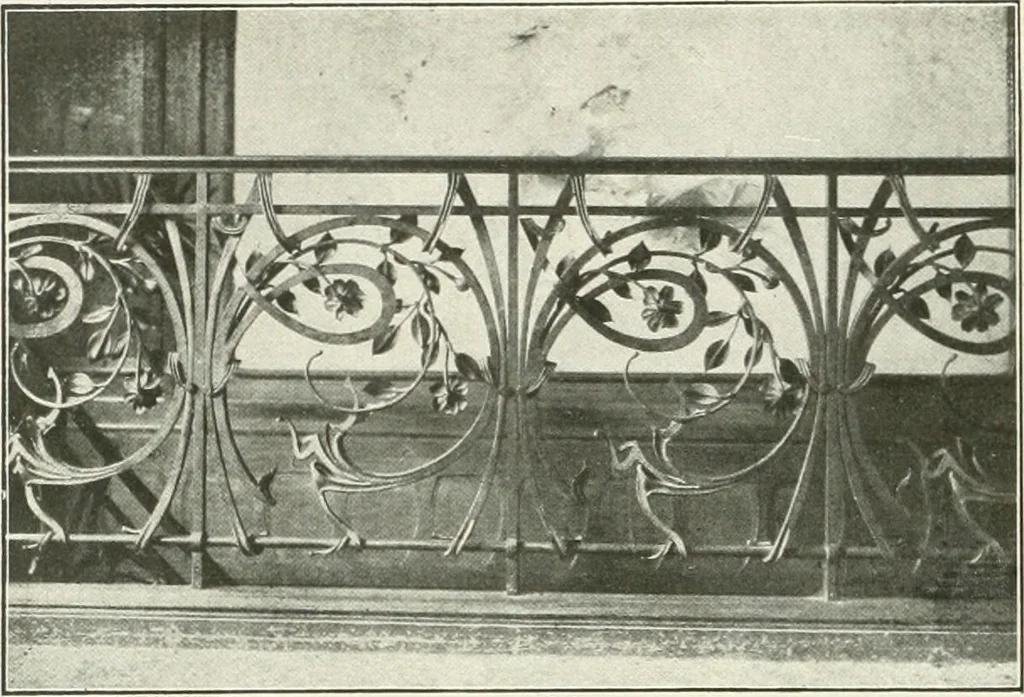 An illustration from L'art à la Taverne de Paris. Chéret, Abel Faivre, Grün, Léandre, Métivet, Steinlen, Willette, artistes peintres. Emile Robert, ferronnier d'art. Jacques Hermant, architecte. Photogravures de Ducourtioux et Huillard, d'après les clichés de Simonet, 1906, leaf 180