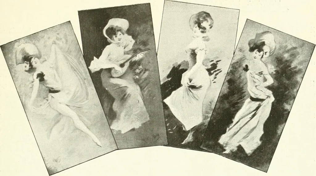 An illustration from L'art à la Taverne de Paris. Chéret, Abel Faivre, Grün, Léandre, Métivet, Steinlen, Willette, artistes peintres. Emile Robert, ferronnier d'art. Jacques Hermant, architecte. Photogravures de Ducourtioux et Huillard, d'après les clichés de Simonet, 1906, leaf 19