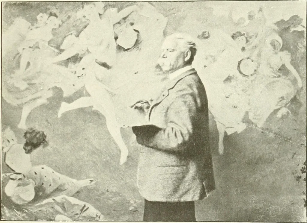 An illustration from L'art à la Taverne de Paris. Chéret, Abel Faivre, Grün, Léandre, Métivet, Steinlen, Willette, artistes peintres. Emile Robert, ferronnier d'art. Jacques Hermant, architecte. Photogravures de Ducourtioux et Huillard, d'après les clichés de Simonet, 1906, leaf 21