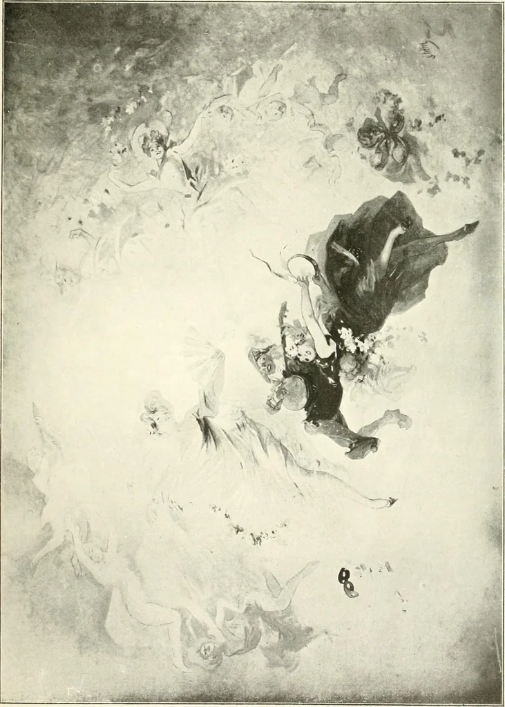 An illustration from L'art à la Taverne de Paris. Chéret, Abel Faivre, Grün, Léandre, Métivet, Steinlen, Willette, artistes peintres. Emile Robert, ferronnier d'art. Jacques Hermant, architecte. Photogravures de Ducourtioux et Huillard, d'après les clichés de Simonet, 1906, leaf 25