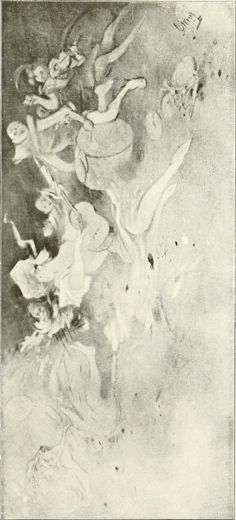 An illustration from L'art à la Taverne de Paris. Chéret, Abel Faivre, Grün, Léandre, Métivet, Steinlen, Willette, artistes peintres. Emile Robert, ferronnier d'art. Jacques Hermant, architecte. Photogravures de Ducourtioux et Huillard, d'après les clichés de Simonet, 1906, leaf 35