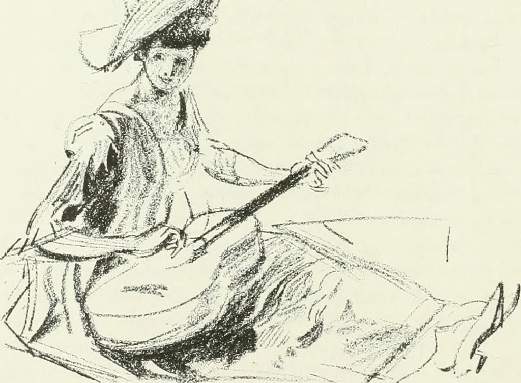 An illustration from L'art à la Taverne de Paris. Chéret, Abel Faivre, Grün, Léandre, Métivet, Steinlen, Willette, artistes peintres. Emile Robert, ferronnier d'art. Jacques Hermant, architecte. Photogravures de Ducourtioux et Huillard, d'après les clichés de Simonet, 1906, leaf 40
