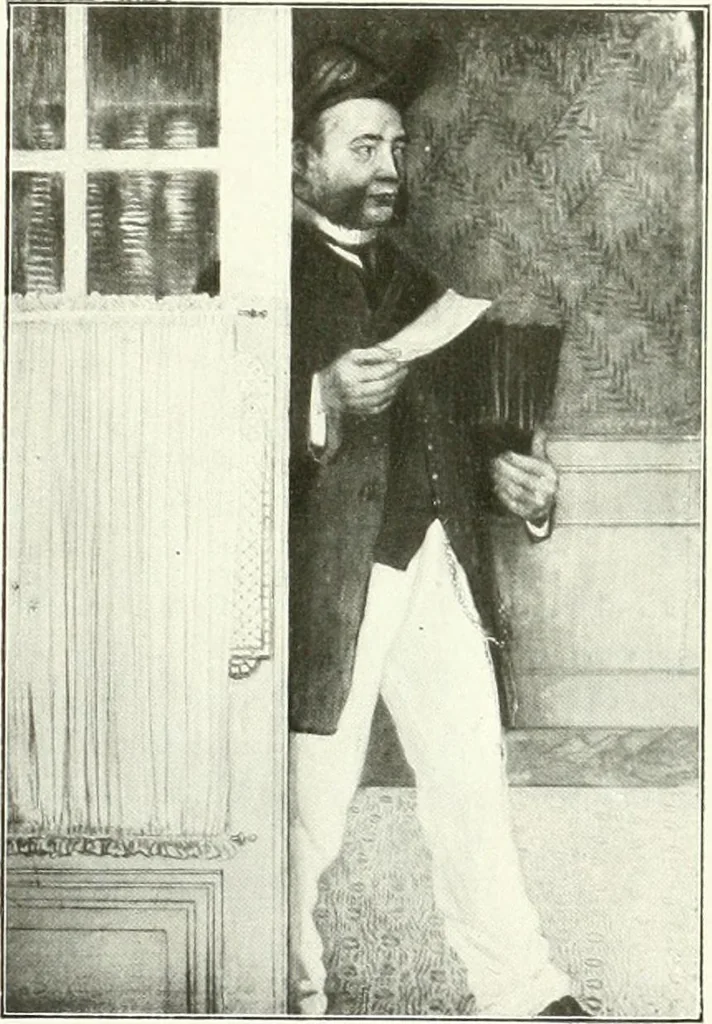 An illustration from L'art à la Taverne de Paris. Chéret, Abel Faivre, Grün, Léandre, Métivet, Steinlen, Willette, artistes peintres. Emile Robert, ferronnier d'art. Jacques Hermant, architecte. Photogravures de Ducourtioux et Huillard, d'après les clichés de Simonet, 1906, leaf 47