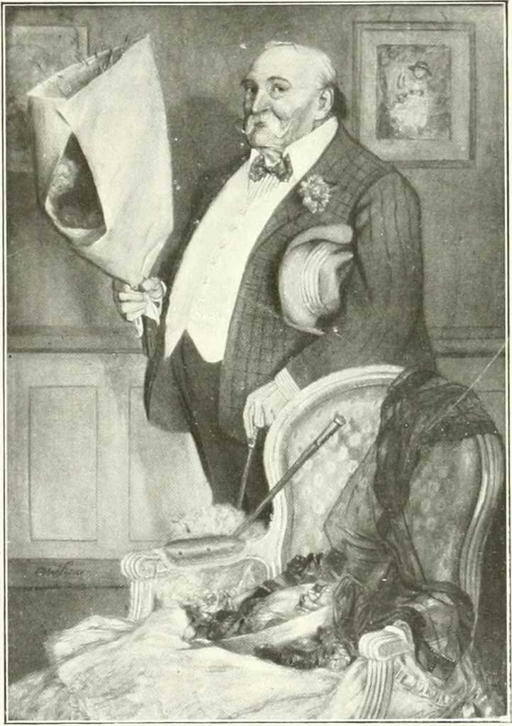 An illustration from L'art à la Taverne de Paris. Chéret, Abel Faivre, Grün, Léandre, Métivet, Steinlen, Willette, artistes peintres. Emile Robert, ferronnier d'art. Jacques Hermant, architecte. Photogravures de Ducourtioux et Huillard, d'après les clichés de Simonet, 1906, leaf 53